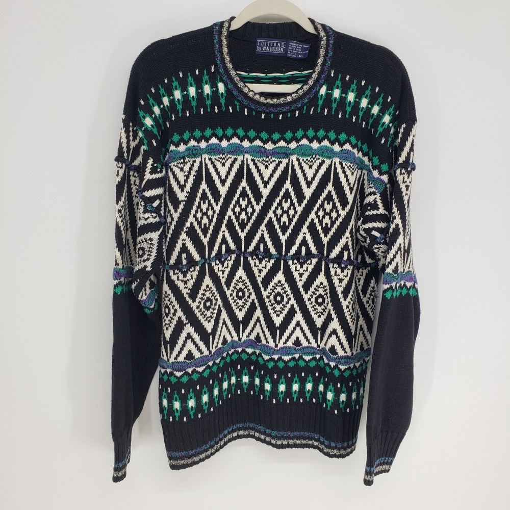 Vintage 90s Van Heusen Geometric Sweater Mens Medium Black White Teal Crew Neck